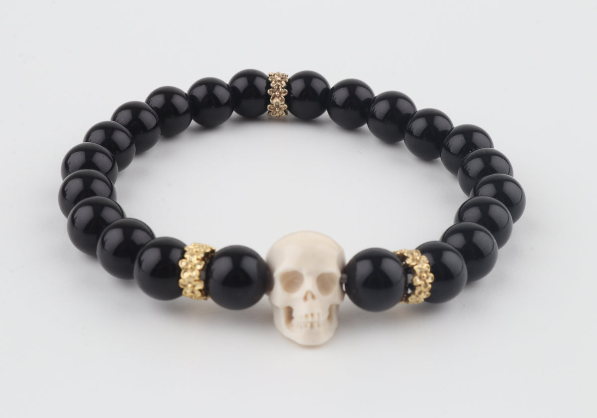 Mammoth Ivory Skull & Black Obsidian Bracelet