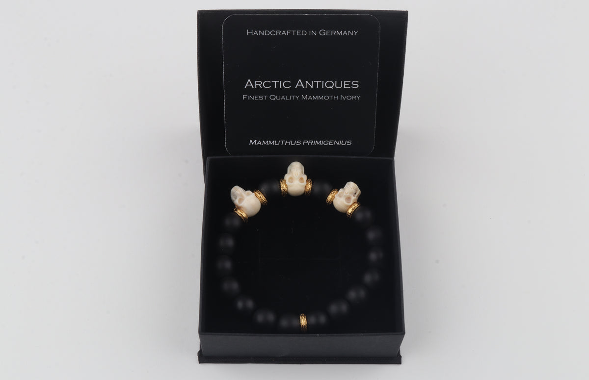 Mammoth Ivory Skulls & Matte Black Beads Bracelet