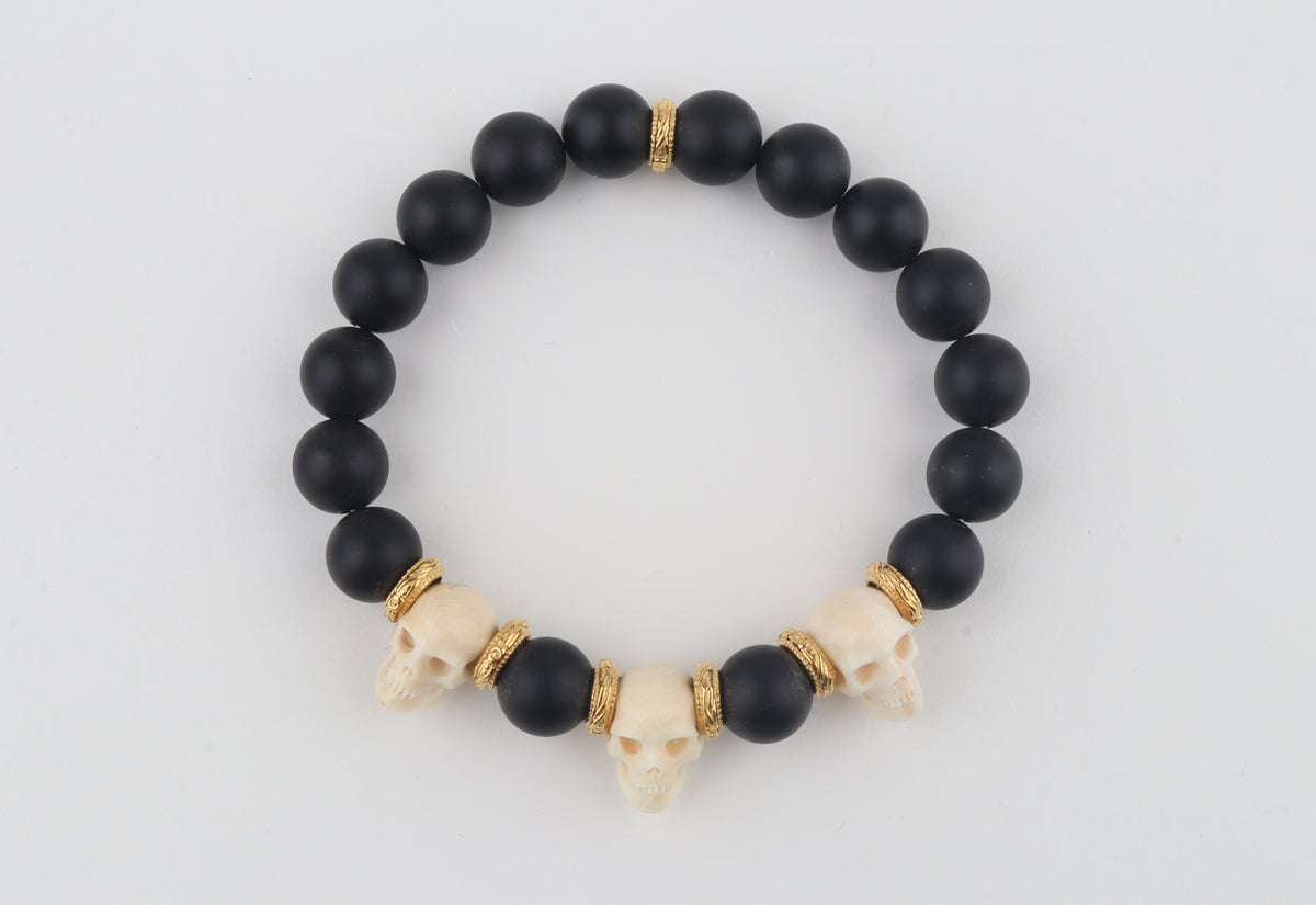 Mammoth Ivory Skulls & Matte Black Beads Bracelet