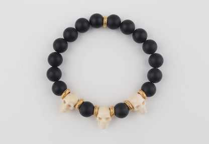 Mammoth Ivory Skulls & Matte Black Beads Bracelet