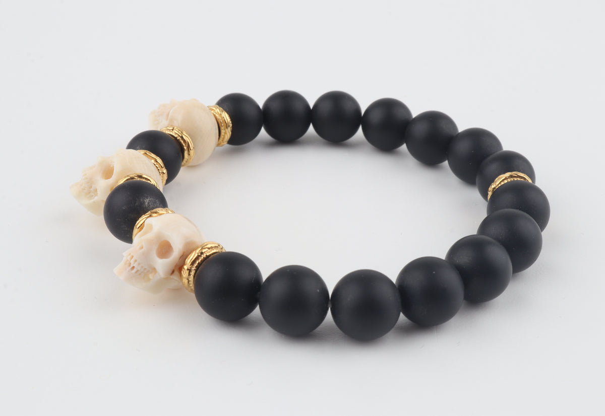Mammoth Ivory Skulls & Matte Black Beads Bracelet