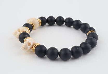 Mammoth Ivory Skulls & Matte Black Beads Bracelet