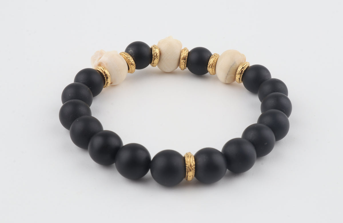 Mammoth Ivory Skulls & Matte Black Beads Bracelet