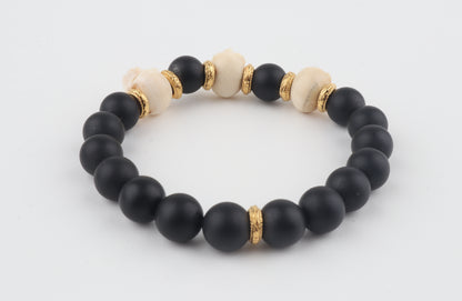 Mammoth Ivory Skulls & Matte Black Beads Bracelet