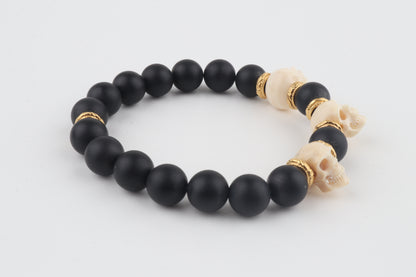 Mammoth Ivory Skulls & Matte Black Beads Bracelet