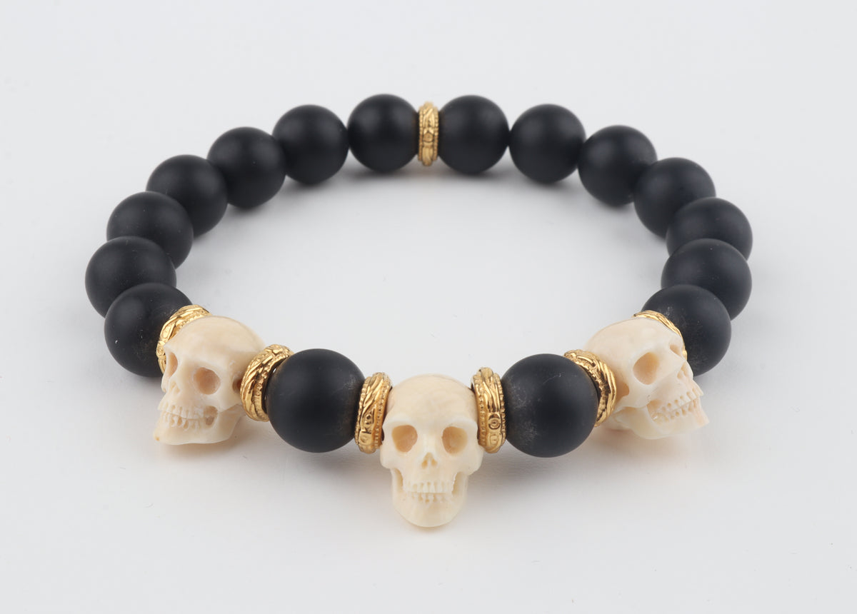 Mammoth Ivory Skulls & Matte Black Beads Bracelet
