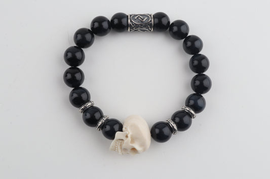 Mammoth Ivory Skull & Obsidian Bracelet