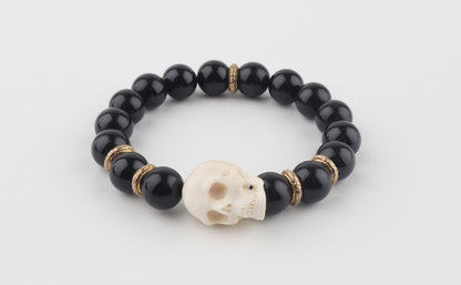 Mammoth Ivory Skull & Black Obsidian Bracelet