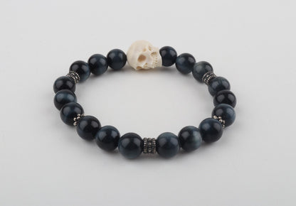 Mammoth Ivory Skull & Blue Tiger Eye Bracelet