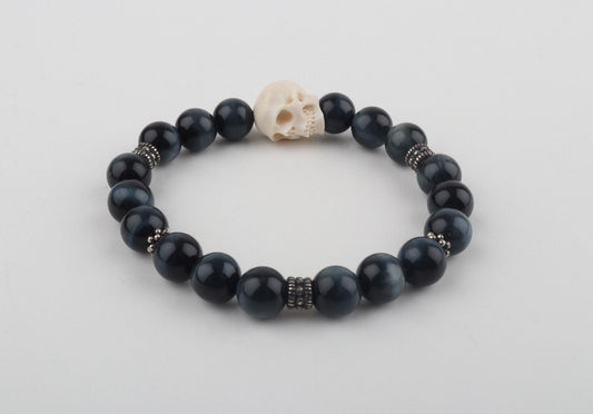 Mammoth Ivory Skull & Blue Tiger Eye Bracelet
