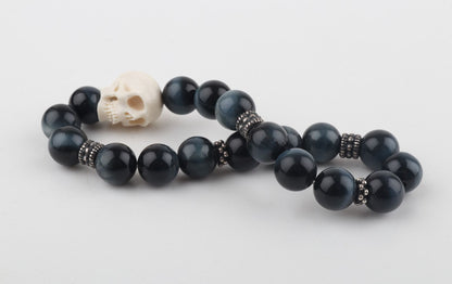 Mammoth Ivory Skull & Blue Tiger Eye Bracelet
