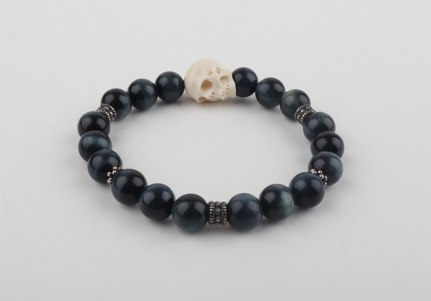 Mammoth Ivory Skull & Blue Tiger Eye Bracelet