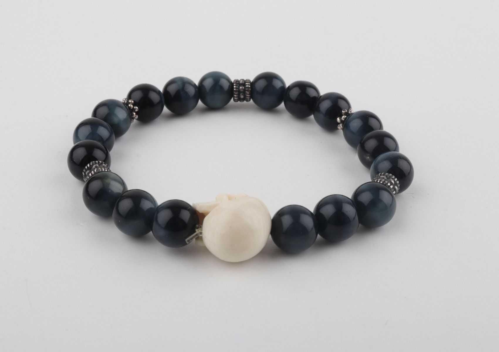 Mammoth Ivory Skull & Blue Tiger Eye Bracelet