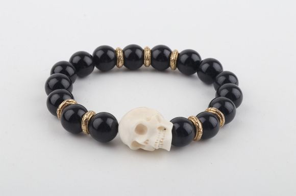 Mammoth Ivory Skull & Black Obsidian Bracelet