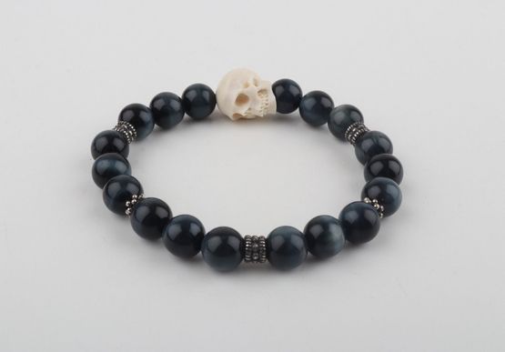 Mammoth Ivory Skull & Blue Tiger Eye Bracelet